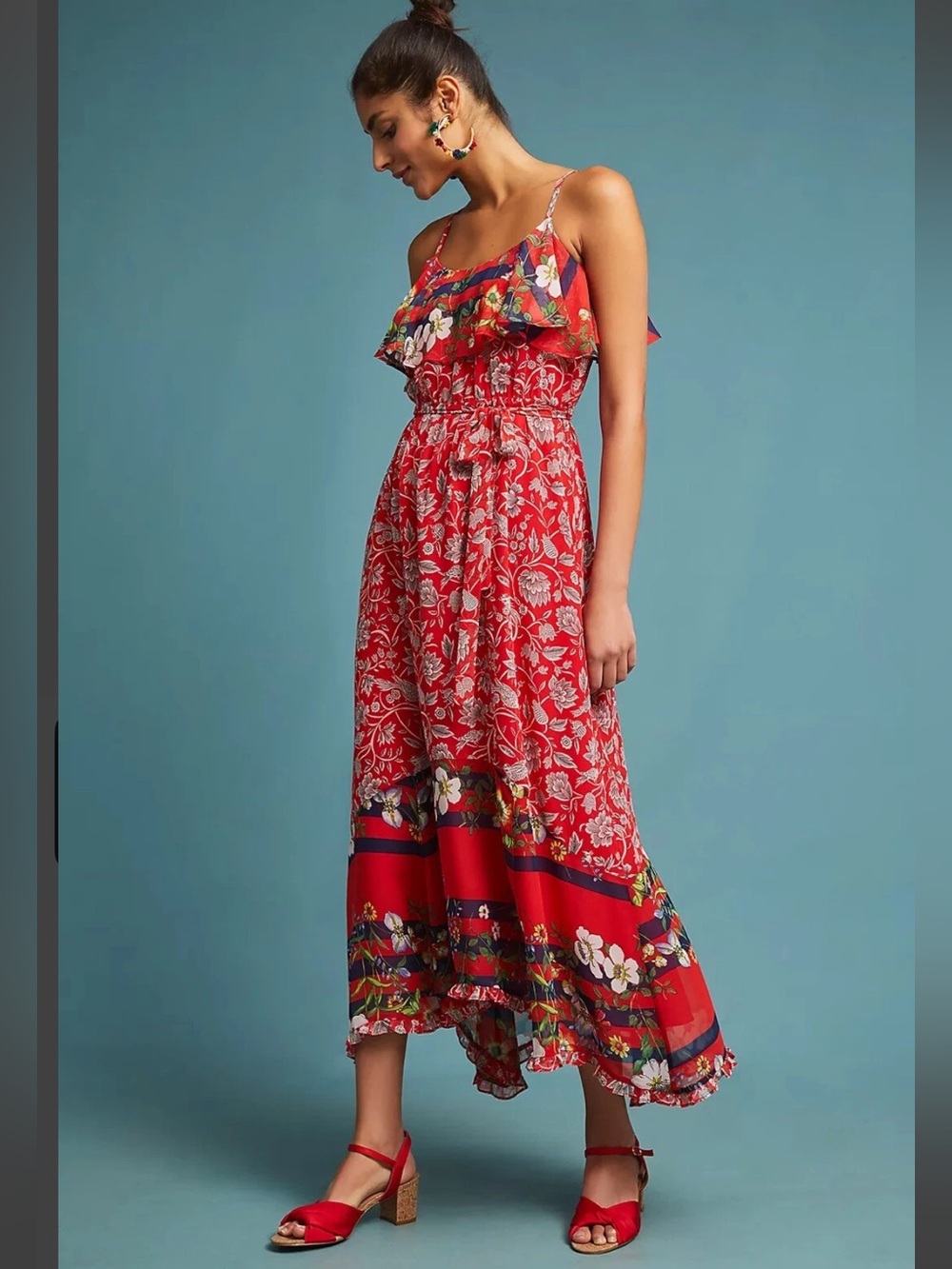 Anthropologie Red Floral Paisley Ruffle Maxi Dress Sz XS